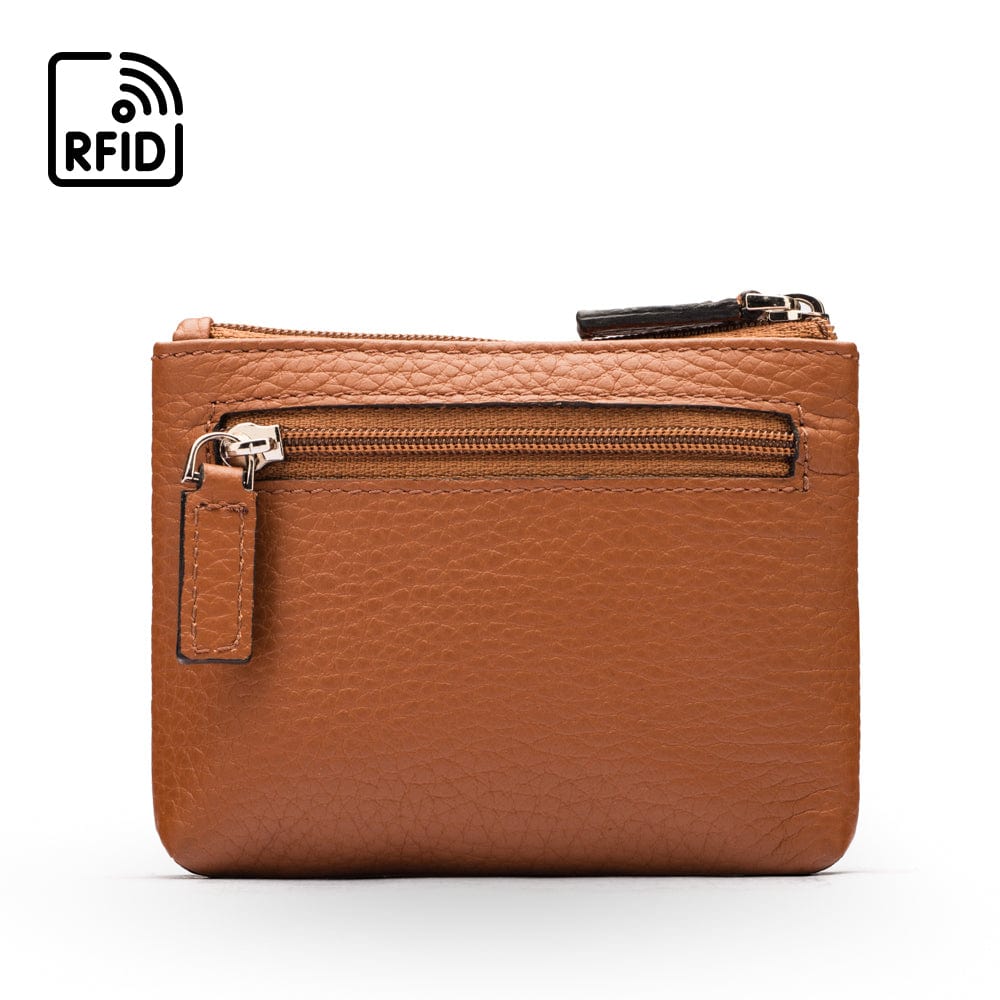 RFID Small Leather Zip Coin Pouch Tan