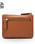 RFID Small leather zip coin pouch, tan pebble grain, front view