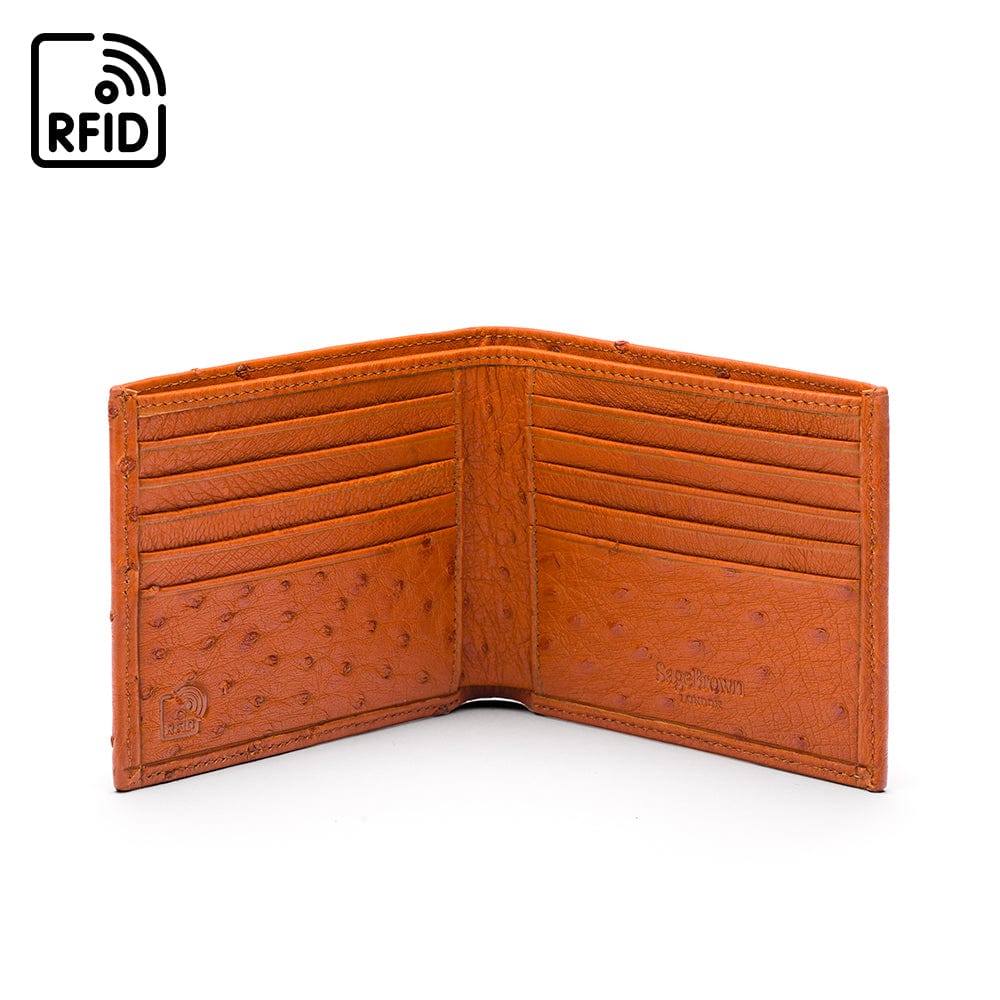 RFID wallet in ostrich leather, tan, open view