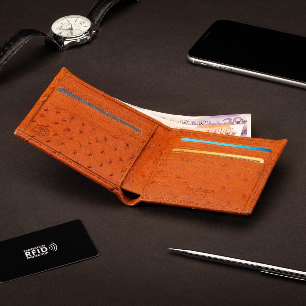 RFID wallet in ostrich leather, tan, lifestyle