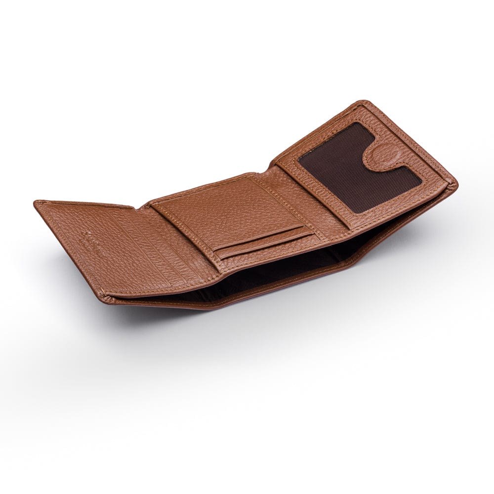 Trifold leather wallet with ID, tan, interior