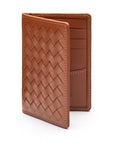 Woven leather card holder, tan, open