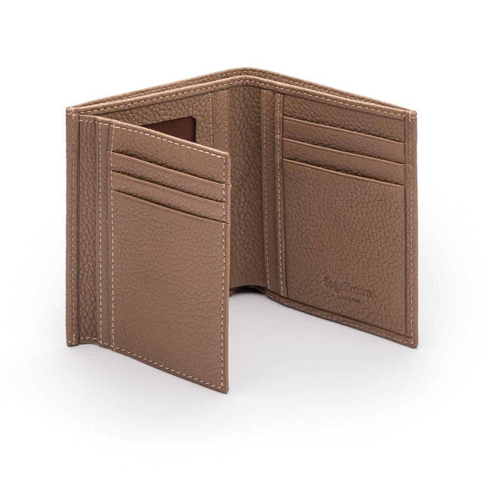 Compact leather wallet with 6 credit card slots and 2 ID windows, taupe, inside