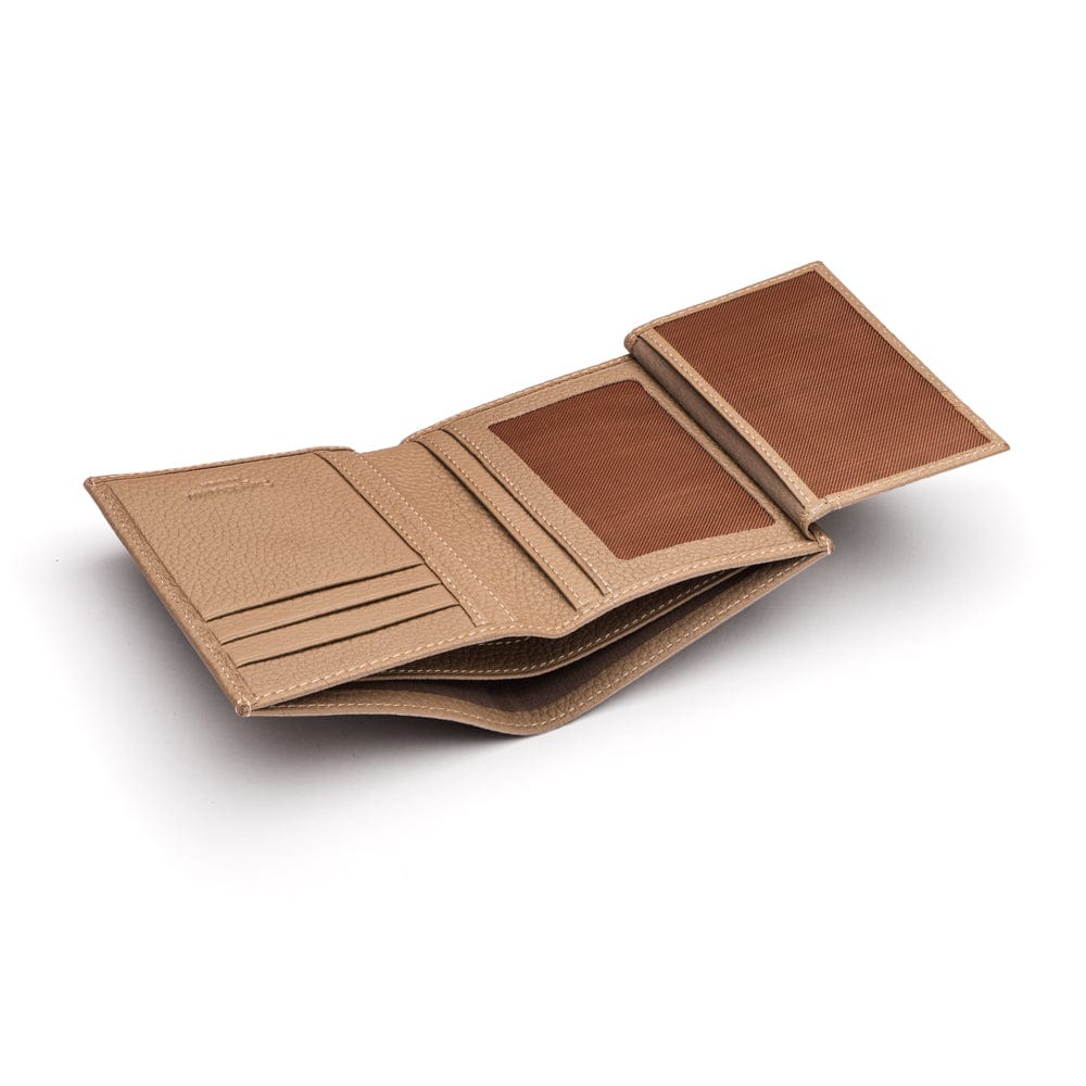 Compact leather wallet with 6 credit card slots and 2 ID windows, taupe, open