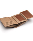 Compact leather wallet with 6 credit card slots and 2 ID windows, taupe, open