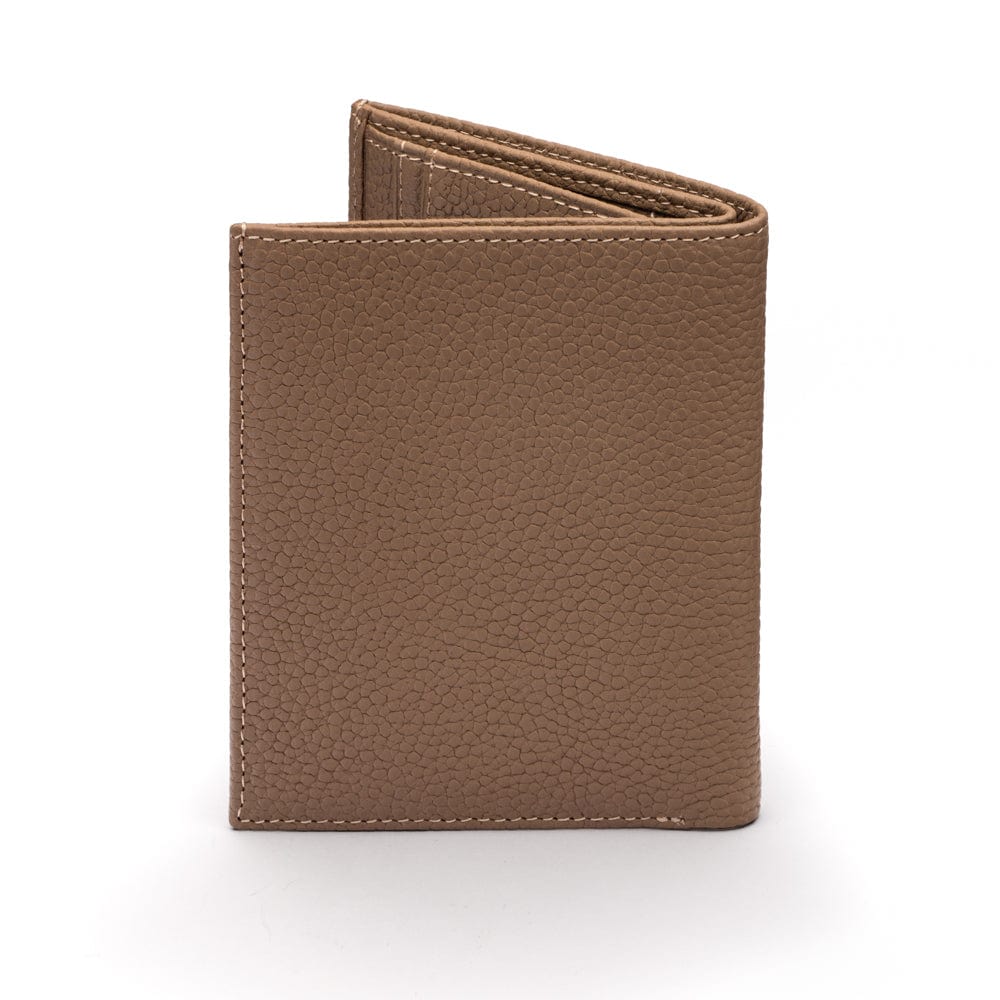 Compact leather wallet with 6 credit card slots and 2 ID windows, taupe, back