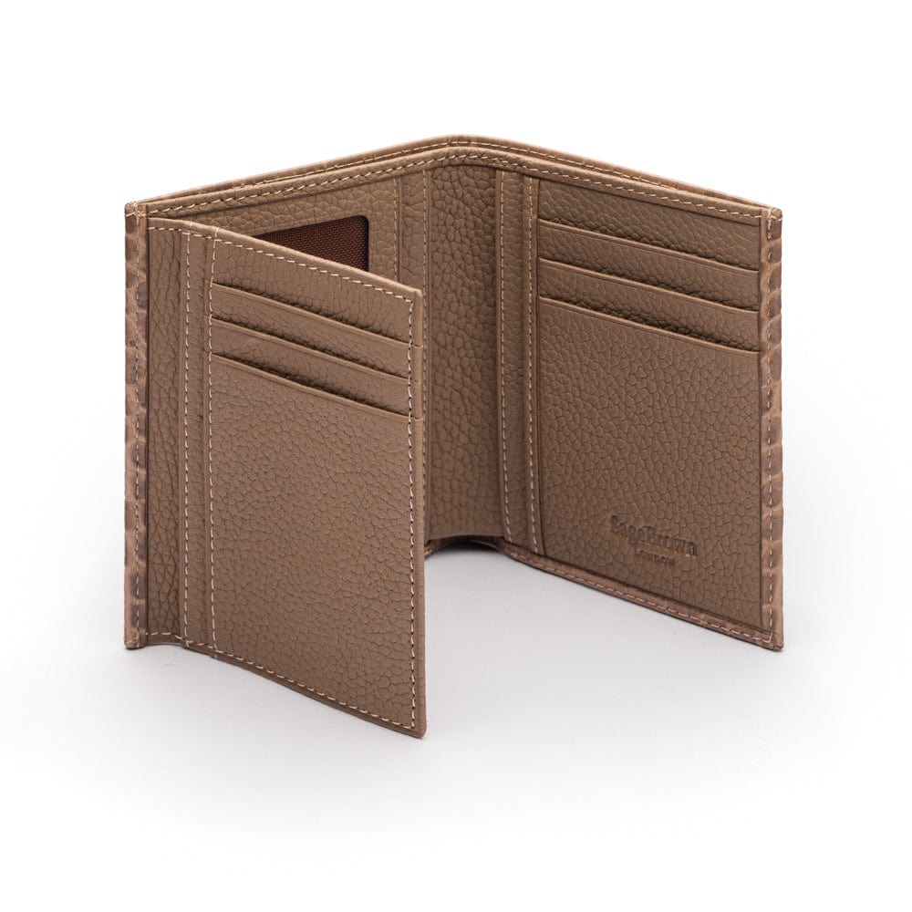 Compact leather wallet with 6 credit card slots and 2 ID windows, taupe croc, inside
