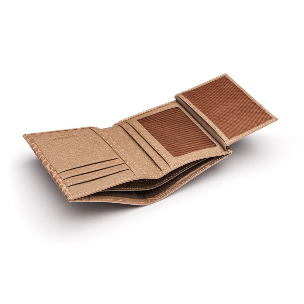 Compact leather wallet with 6 credit card slots and 2 ID windows, taupe croc, open