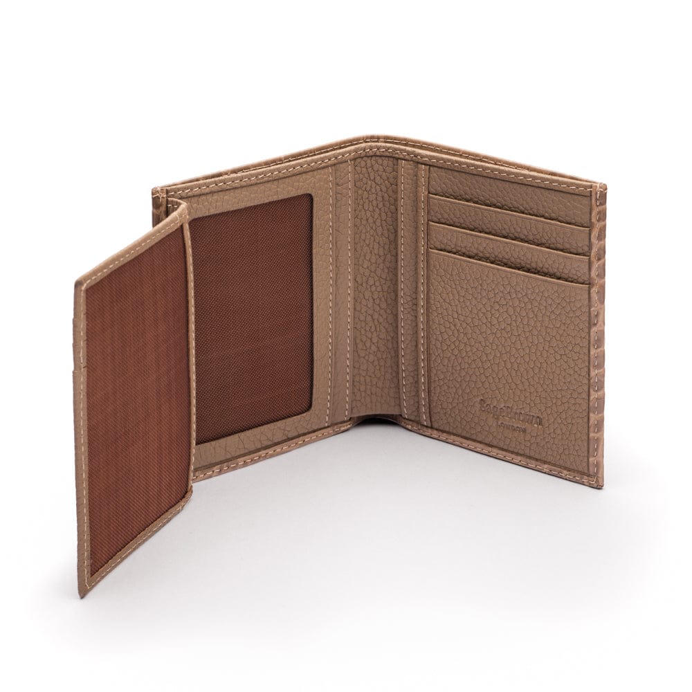 Compact leather wallet with 6 credit card slots and 2 ID windows, taupe croc, extra page