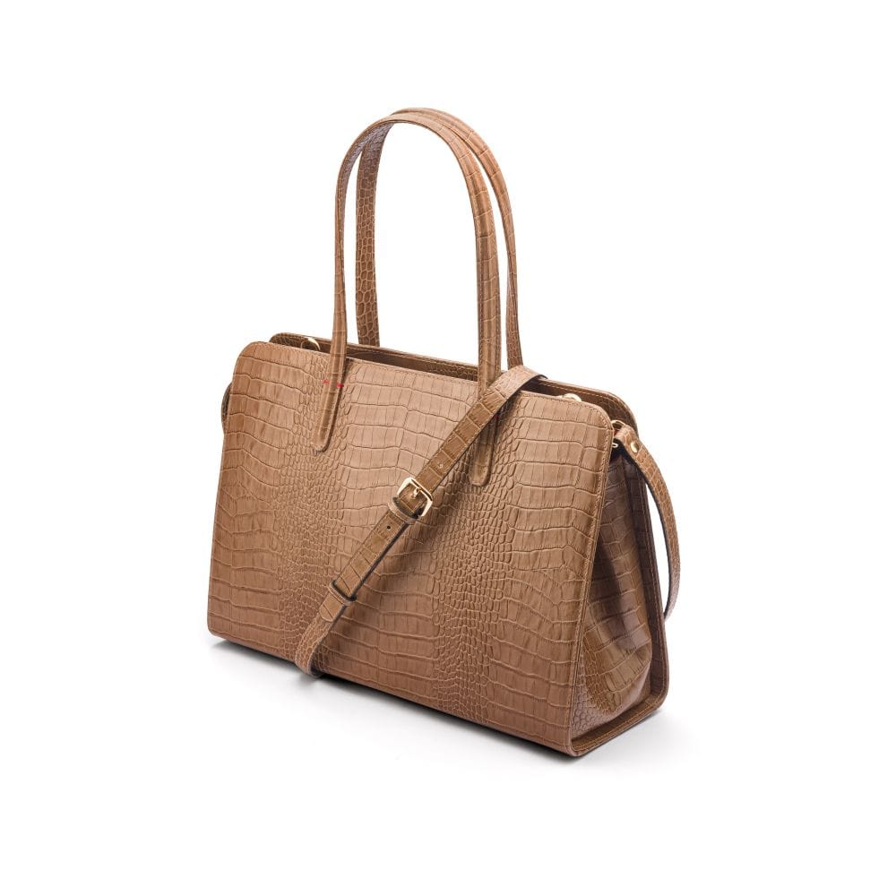 Ladies' leather 15" laptop handbag, taupe croc, with shoulder strap