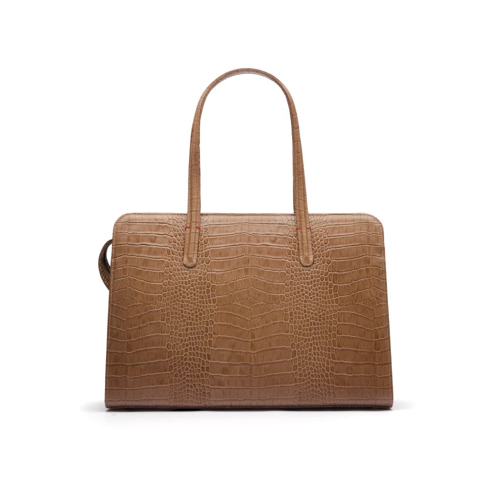 Ladies' leather 15" laptop handbag, taupe croc, front