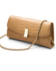 Leather clutch bag, taupe croc, with long chain strap