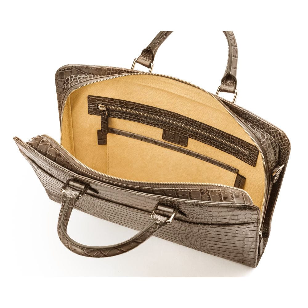 Leather Trinity 13" laptop briefcase, taupe croc, open
