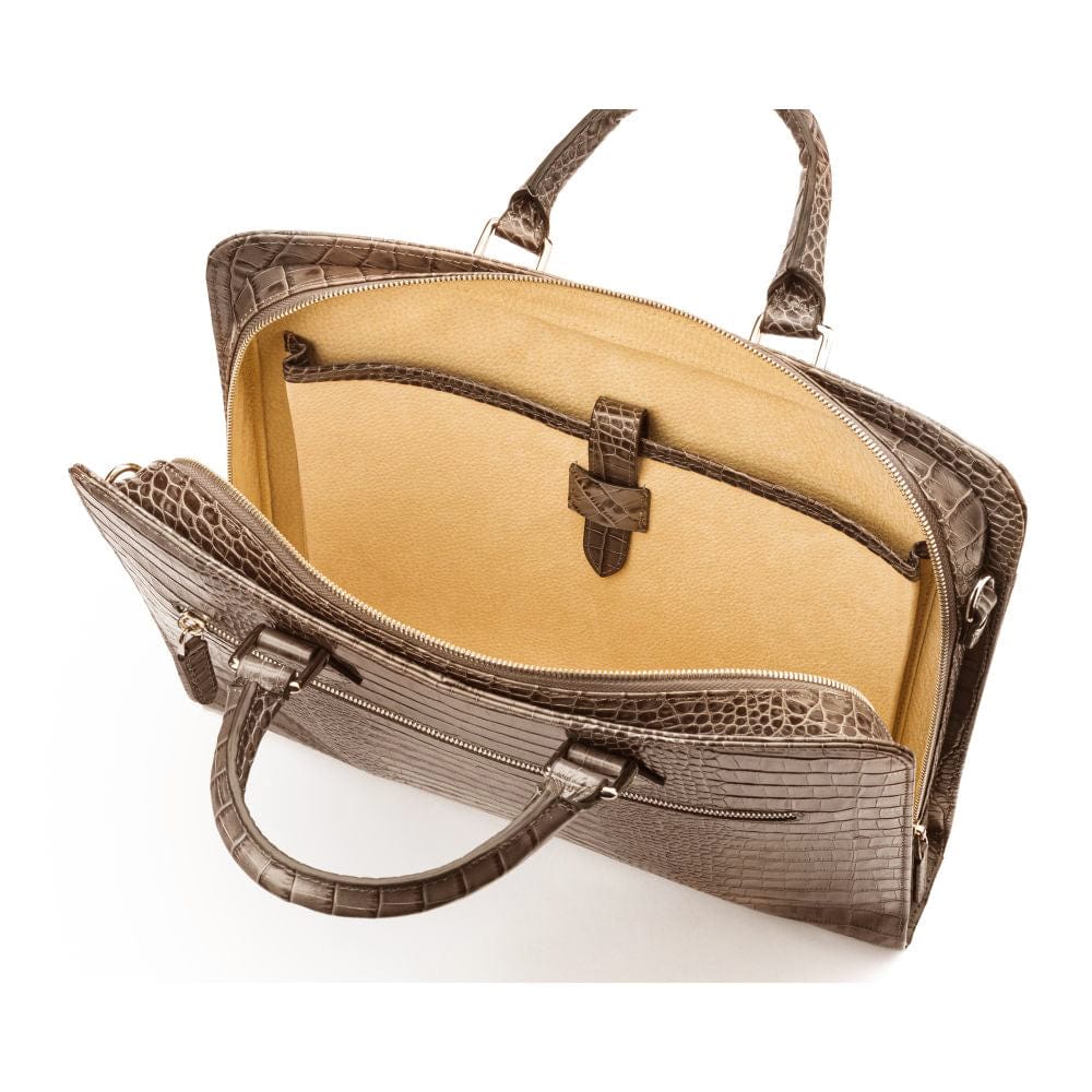 Leather Trinity 13" laptop briefcase, taupe croc, inside view