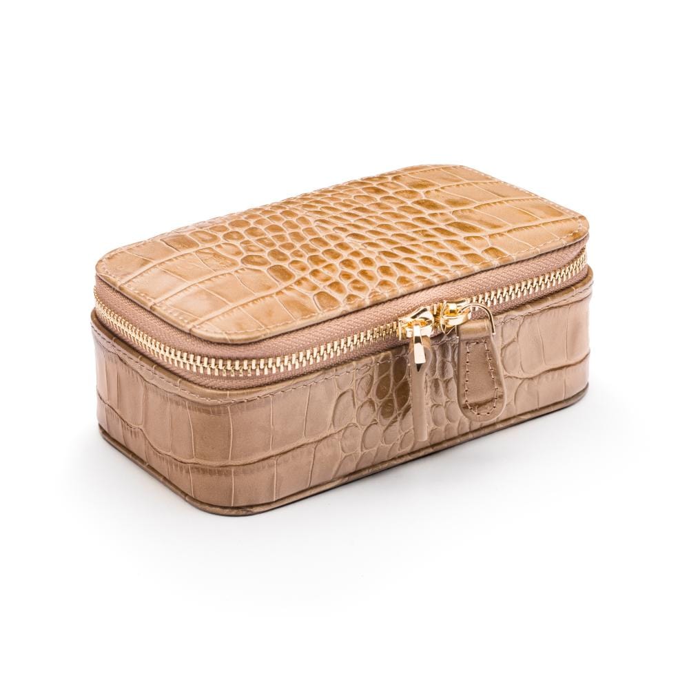 Rectangular zip around jewellery case, taupe croc, front