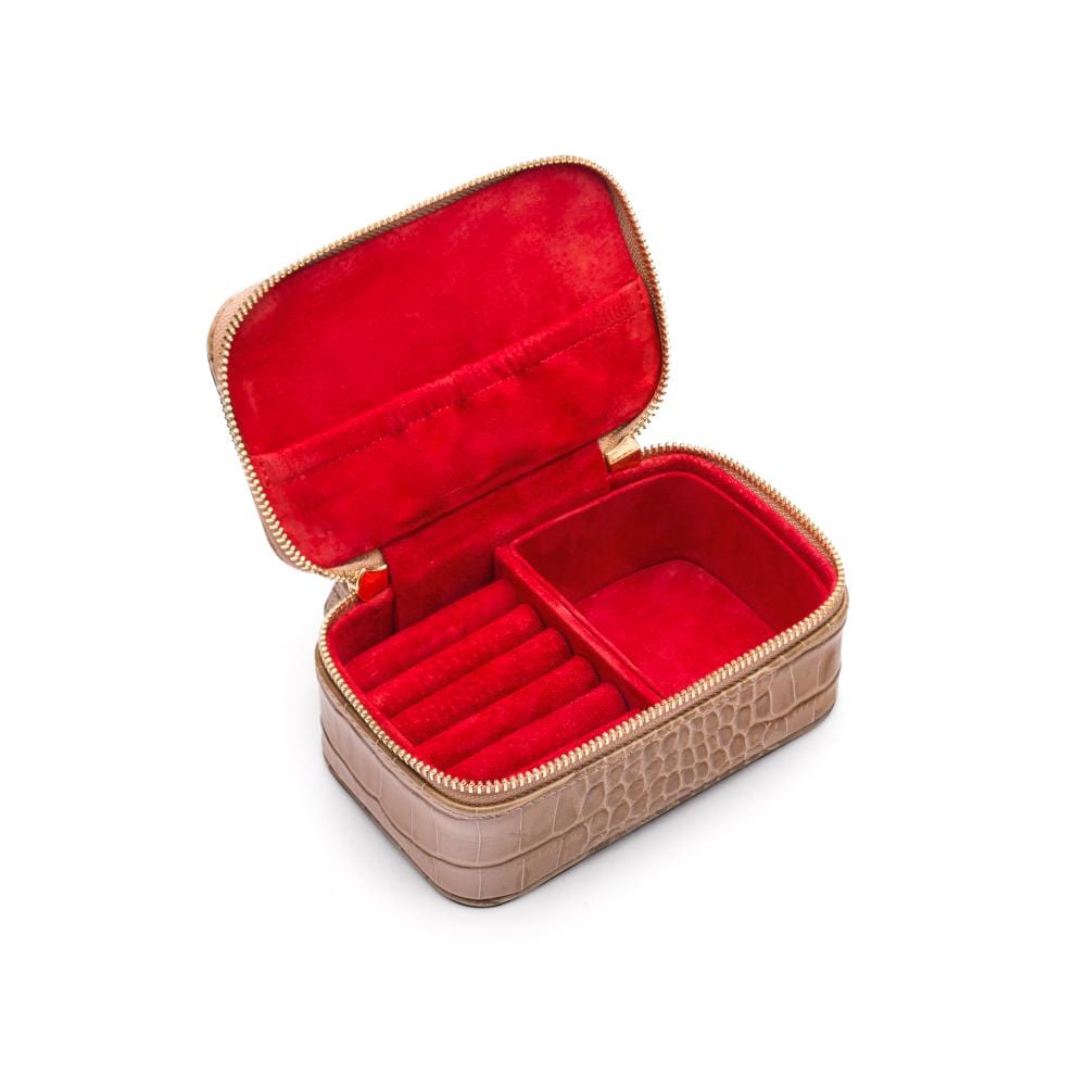 Rectangular zip around jewellery case, taupe croc, open
