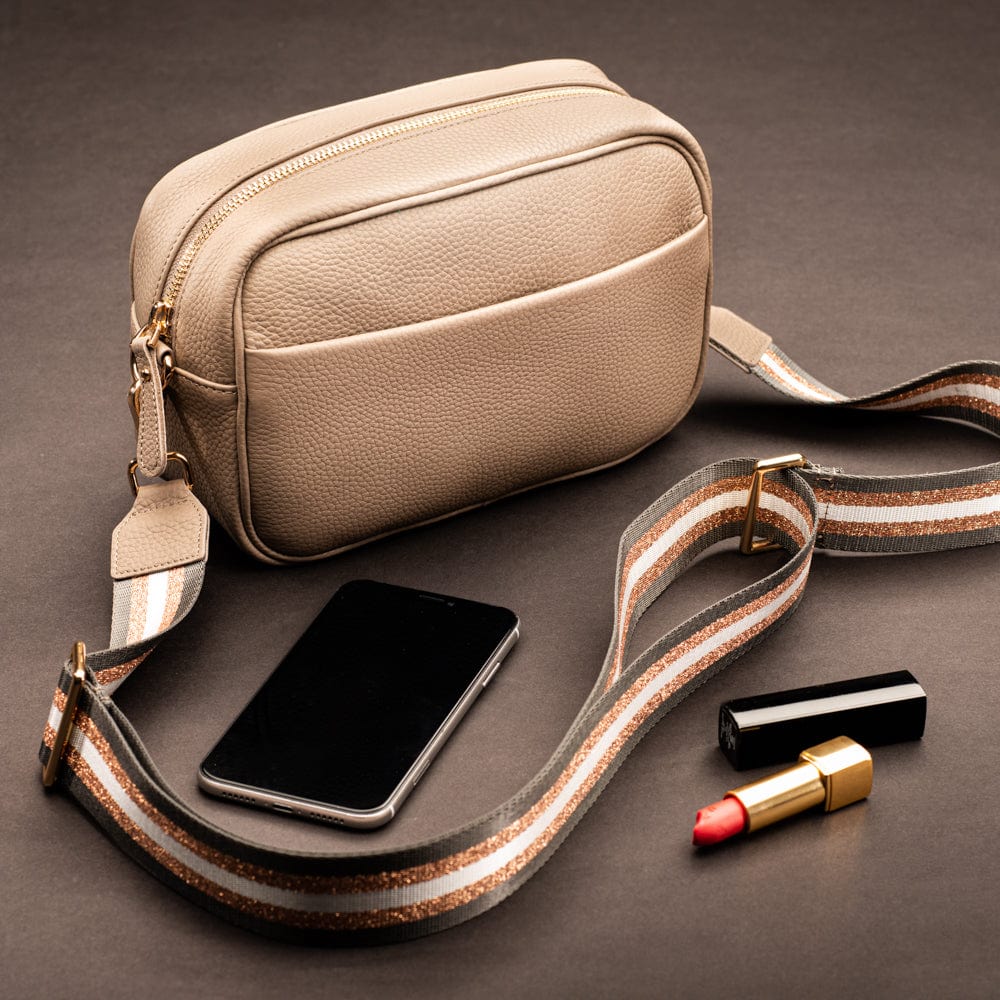Leather cross body camera bag, taupe, lifestyle