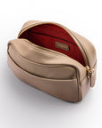 Leather cross body camera bag, taupe, front inside