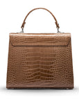 Leather Catherine top handle bag, taupe patent croc, back