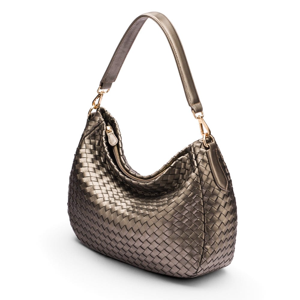 Leather Slouchy Shoulder Bag, Silver Woven Bags SageBrown