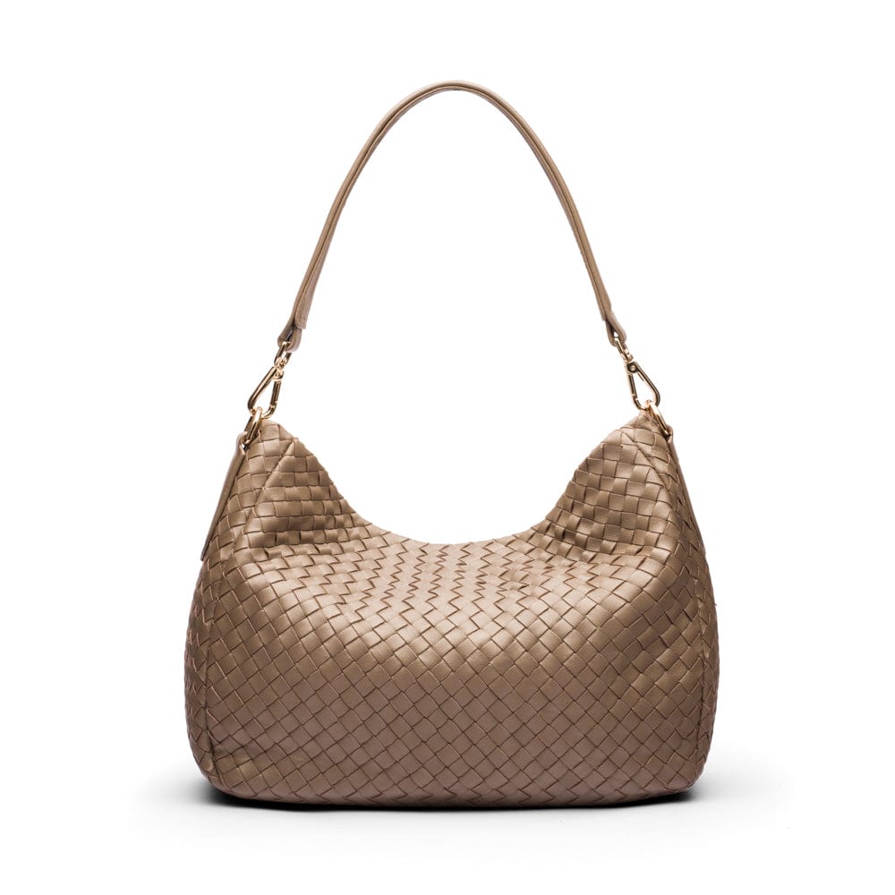 Melissa slouchy leather woven bag with zip closure, taupe, back