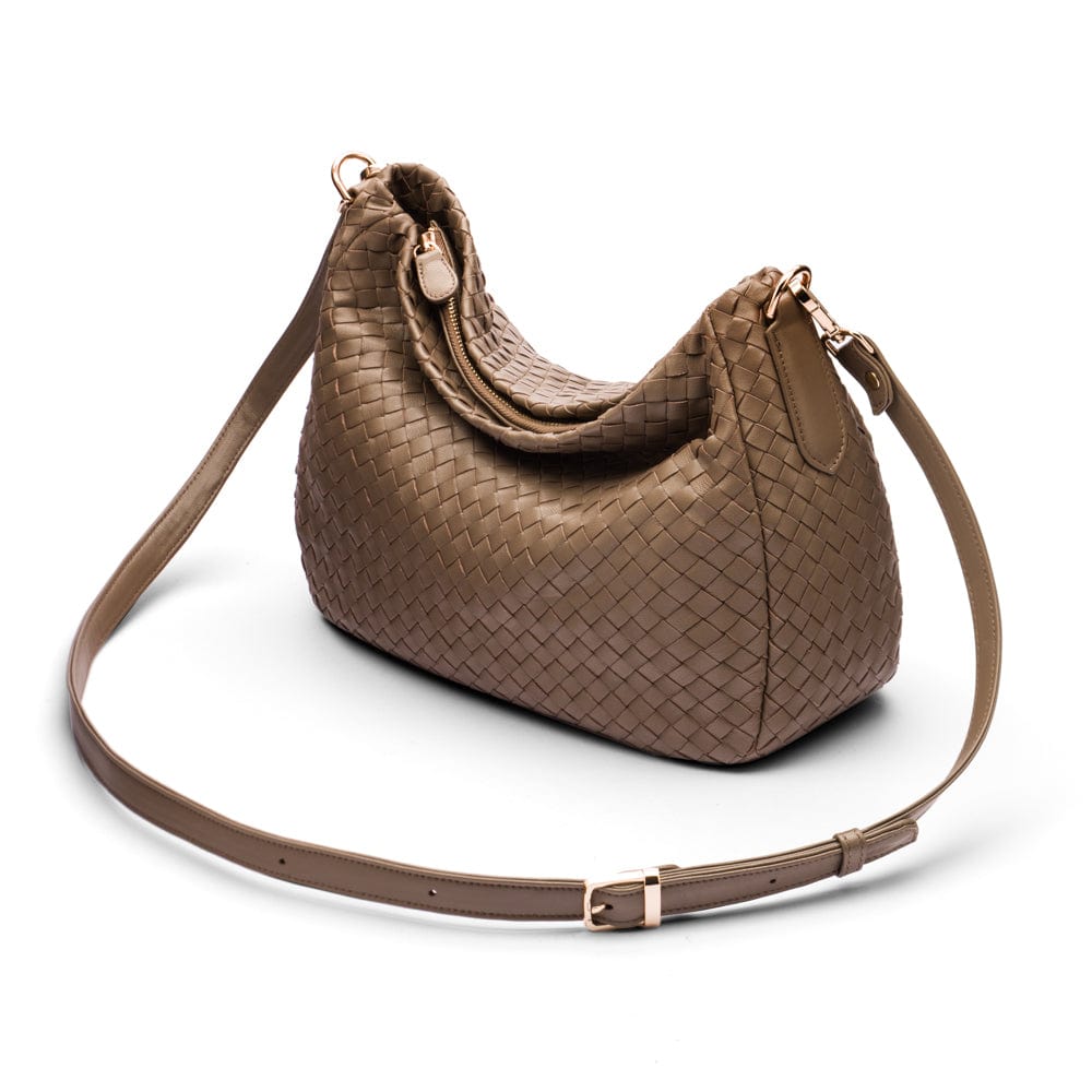 Melissa slouchy leather woven bag with zip closure, taupe, with long shoulder strap