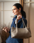 Midi woven leather bag, taupe, lifestyle