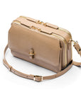 Small leather shoulder bag, taupe saffiano, side