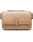 Small leather shoulder bag, taupe saffiano, front
