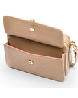 Small leather shoulder bag, taupe saffiano, front pocket open