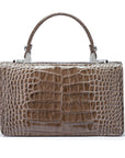 Luxury Leather Maya Top Handle Crossbody Bag, Taupe Patent Croc, back
