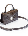 Luxury Leather Maya Top Handle Crossbody Bag, Taupe Patent Croc, side