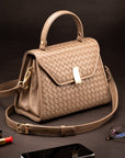 Woven leather Sabrina bag, taupe, lifestyle