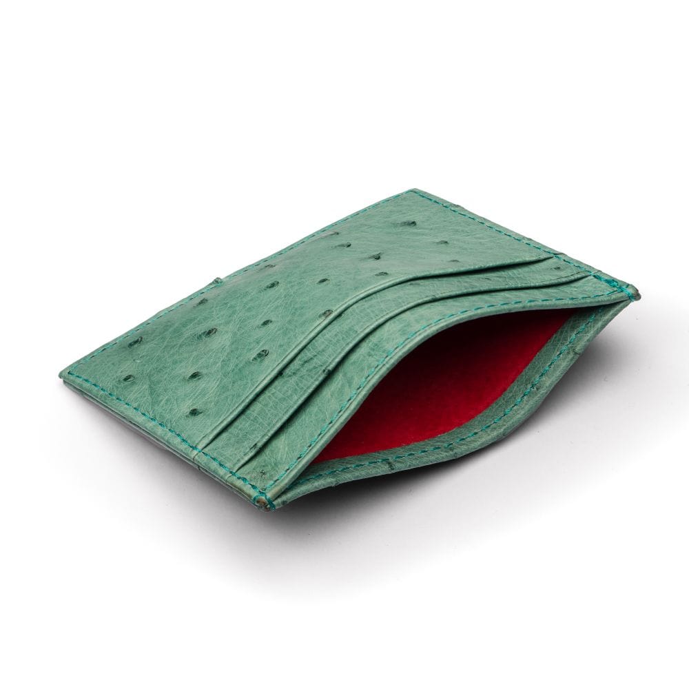 Flat ostrich leather credit card case, teal ostrich leather, front