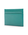 Flat leather credit card wallet 4 CC, teal saffiano, side