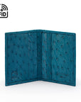 Slim Real Ostrich Leather Bifold Card Wallet with RFID, Teal, inside