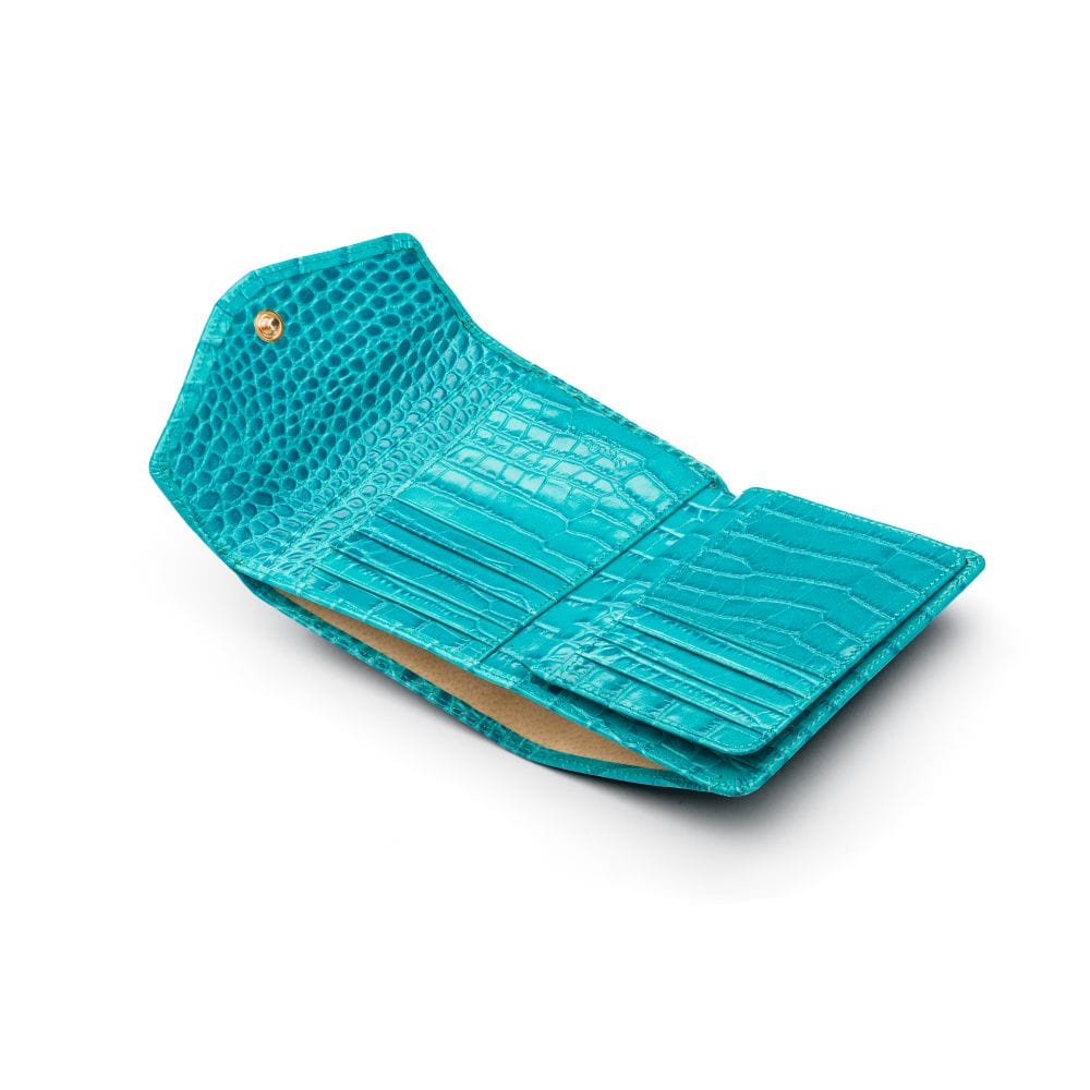 Large leather purse with 15 CC, turquoise croc, open