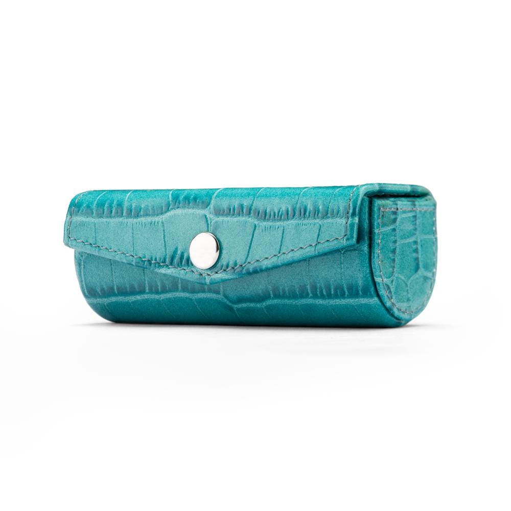 Leather lipstick case, turquoise croc, side