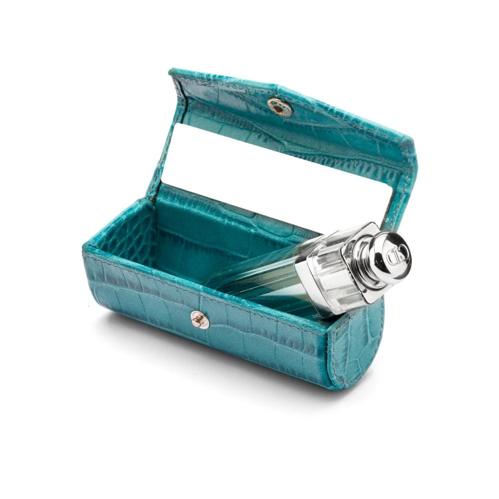 Leather lipstick case, turquoise croc, inside view