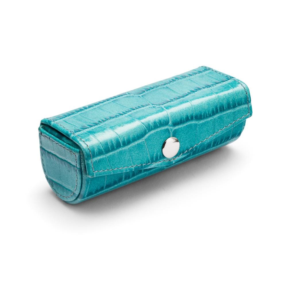 Leather lipstick case, turquoise croc, front