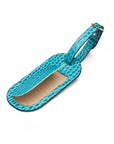 Leather luggage tag, turquoise croc, front open
