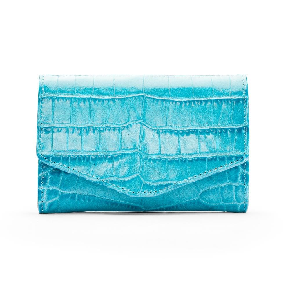 Small leather concertina purse, turquoise croc, front