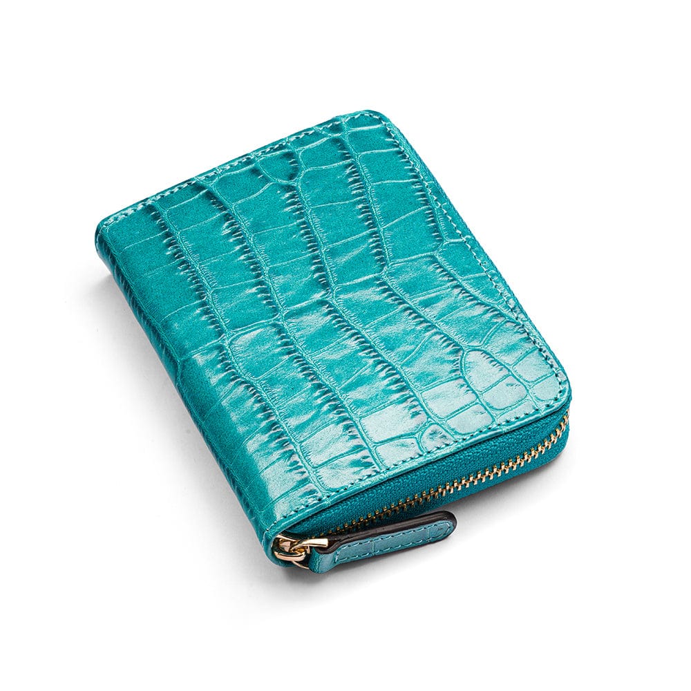 Small leather zip around accordion coin purse, turquoise croc, front view