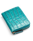 Small leather zip around accordion coin purse, turquoise croc, front view