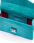 Luxury Leather Maya Top Handle Crossbody Bag, Turquoise Patent Croc, inside