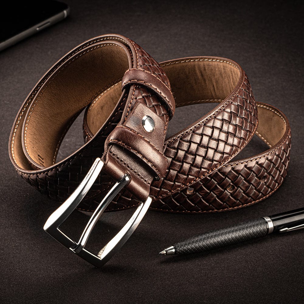Woven leather belt for men, brown, lifestyle