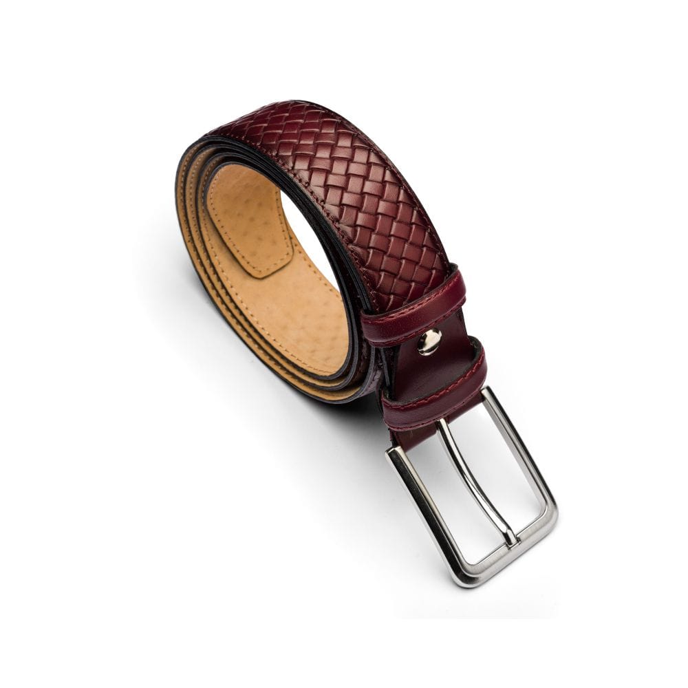 Woven leather belt for men, burnished burgundy