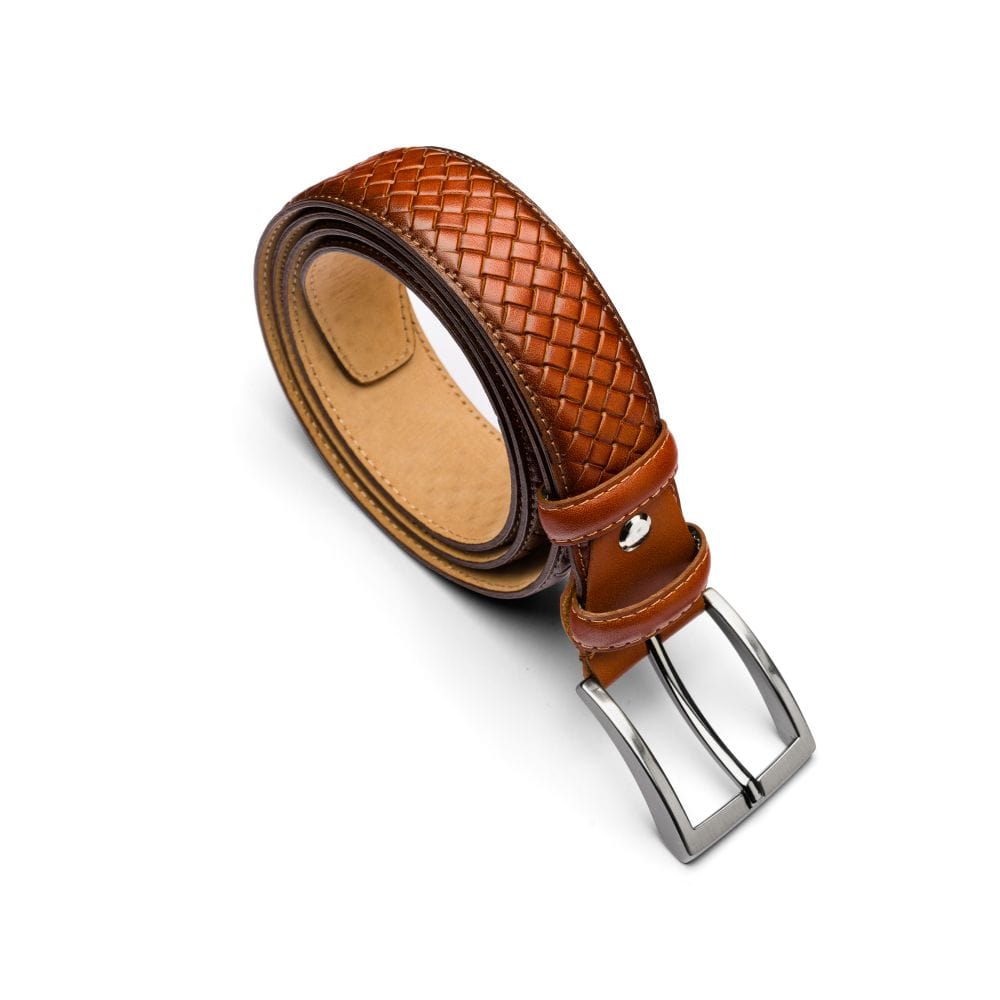 Woven leather belt for men, burnished tan