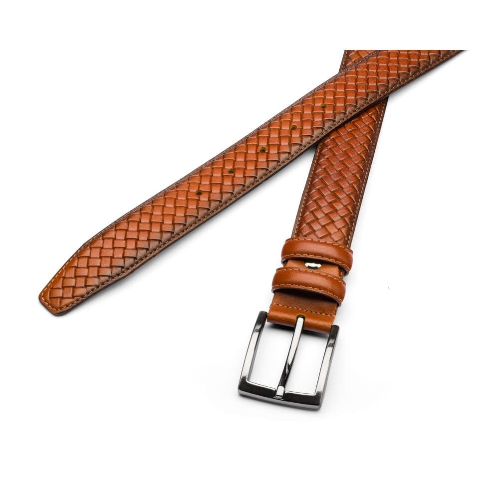 Woven leather belt for men, burnished tan, chisel tip