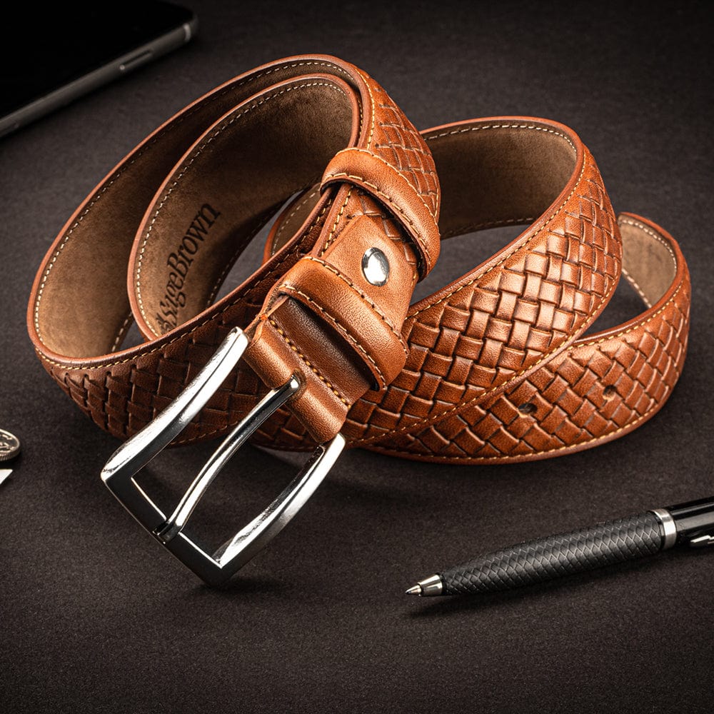 Woven leather belt for men, light tan, lifestyle